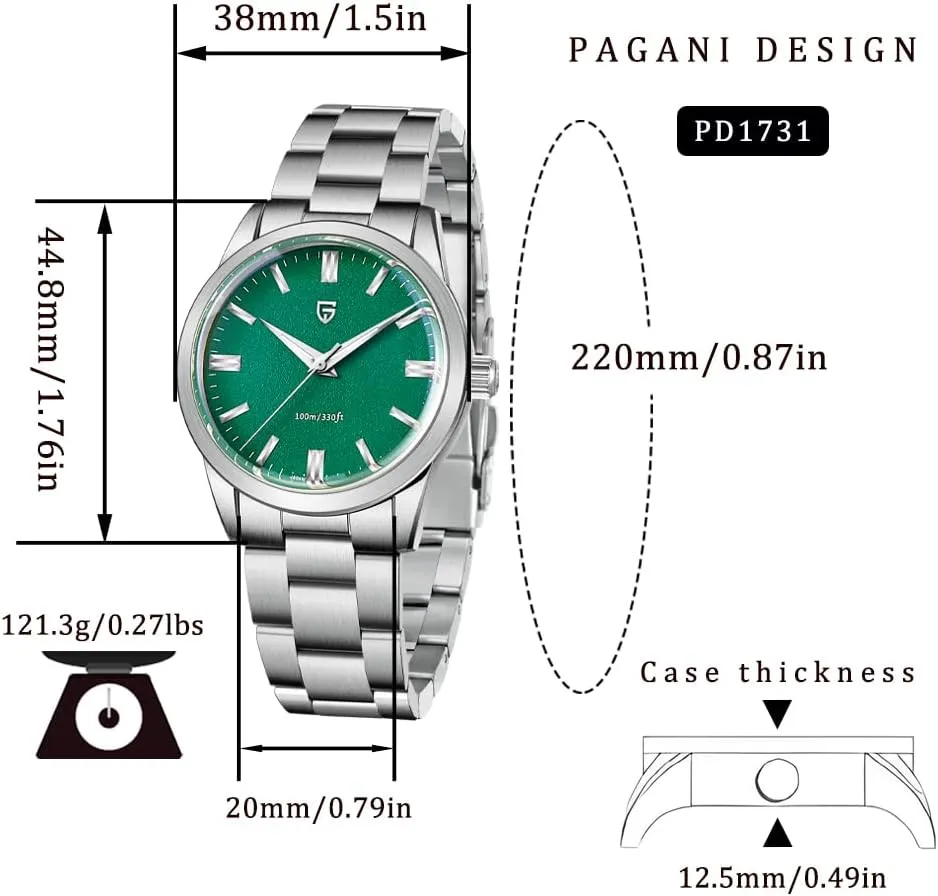Pagani Design Watches for Men, 38mm Dial, Stainless Steel, 100m Waterproof, Quartz, VH31 Movement