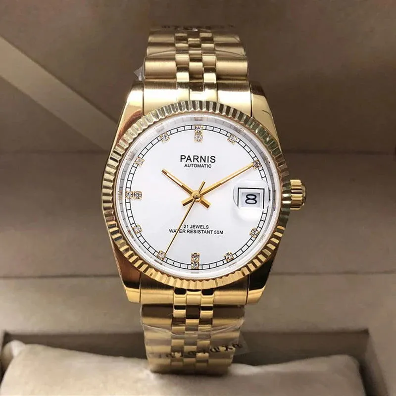 Parnis 36mm Datejust Automatic Full Gold Homage Watches