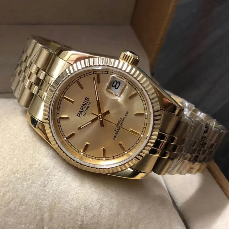 Parnis 36mm Datejust Automatic Full Gold Homage Watches