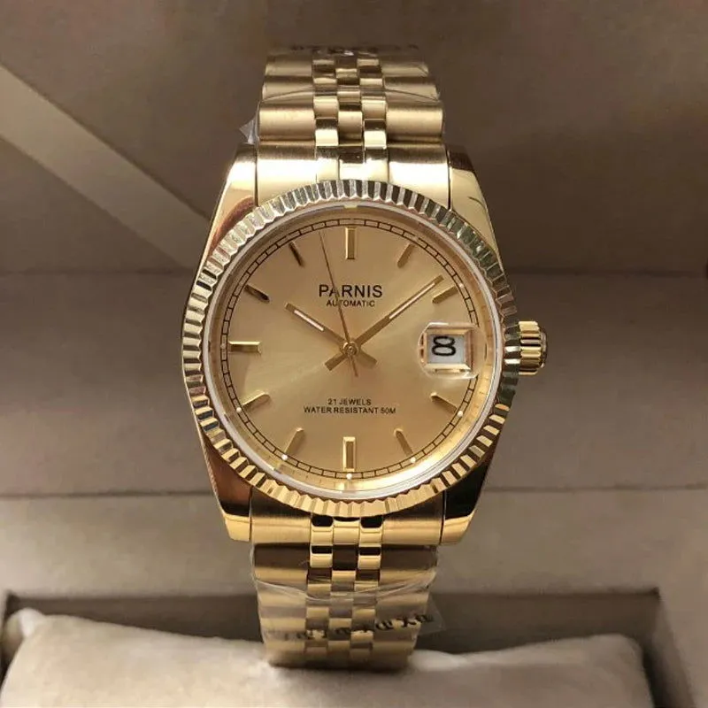Parnis 36mm Datejust Automatic Full Gold Homage Watches