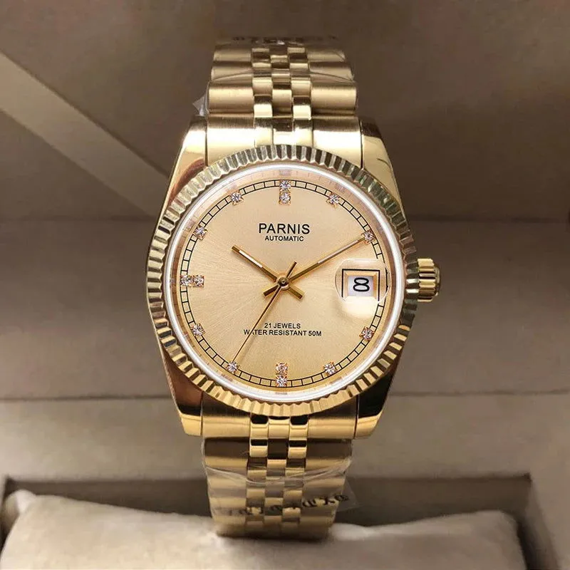 Parnis 36mm Datejust Automatic Full Gold Homage Watches