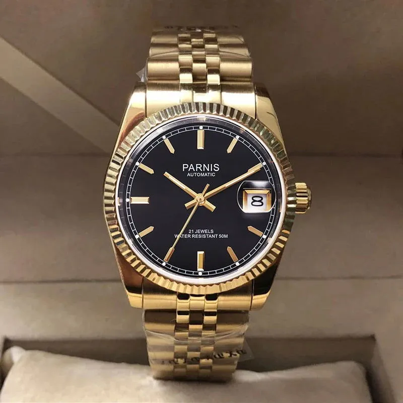 Parnis 36mm Datejust Automatic Full Gold Homage Watches