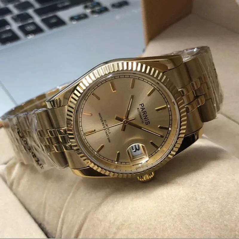 Parnis 36mm Datejust Automatic Full Gold Homage Watches