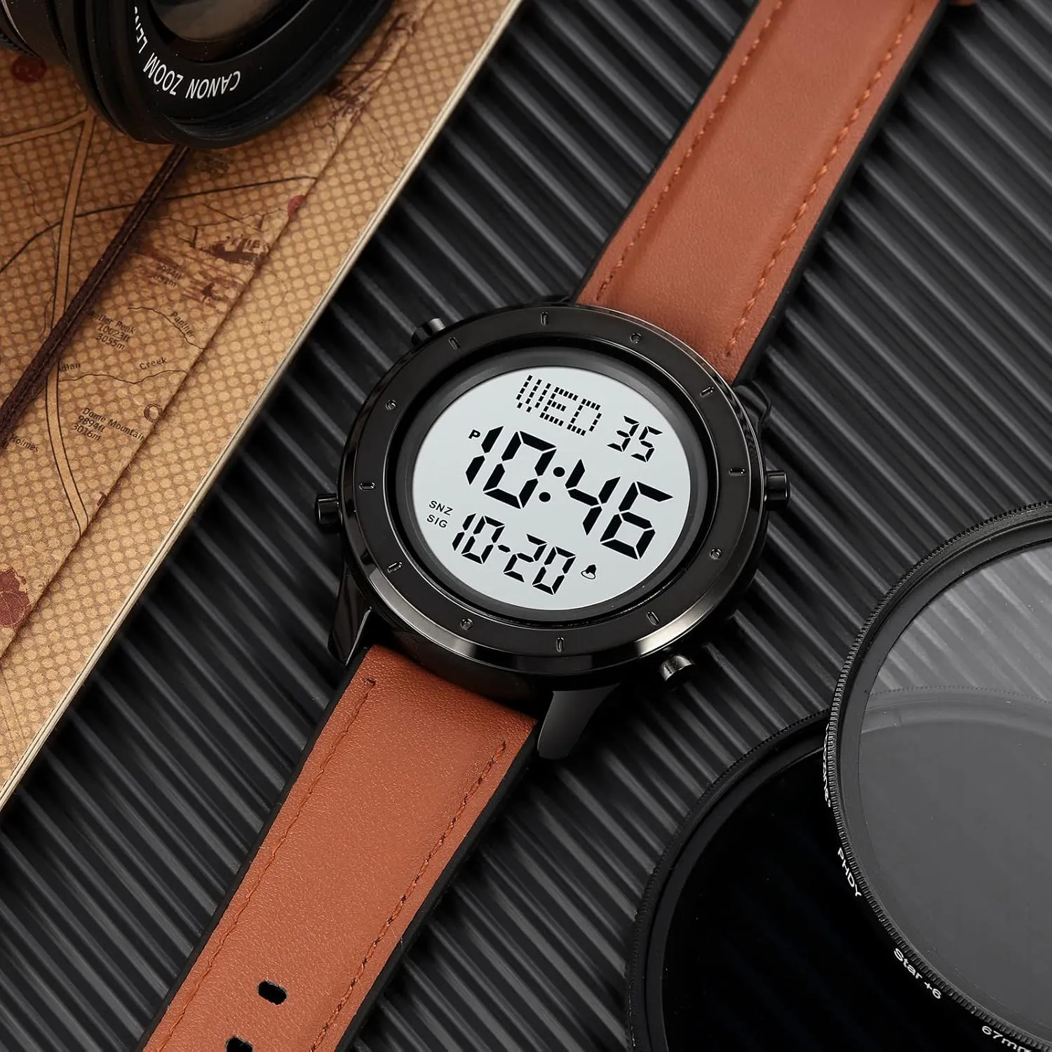 PASOY Mens Big Dial Digital Leather Watch Simple Large Display Countdown Alarm Stopwatch LED Backlight Business Multifunction Watches