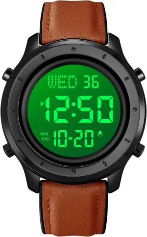 PASOY Mens Big Dial Digital Leather Watch Simple Large Display Countdown Alarm Stopwatch LED Backlight Business Multifunction Watches