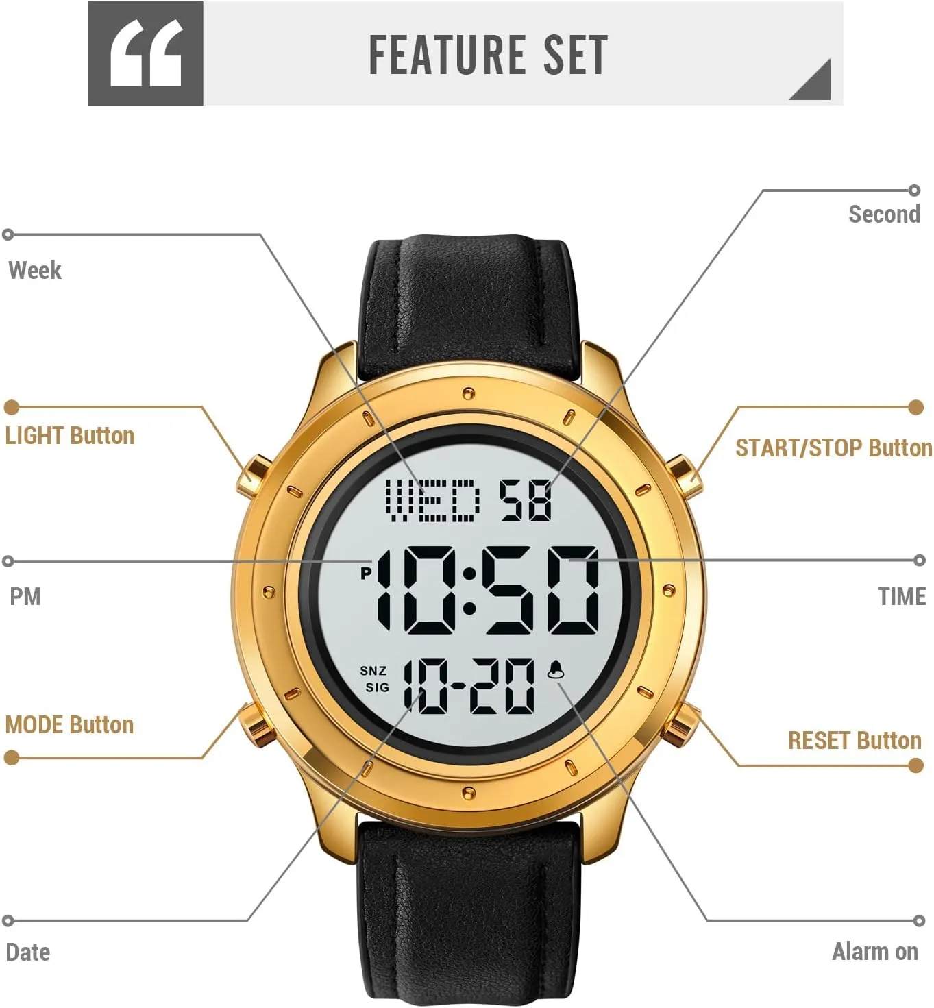 PASOY Mens Big Dial Digital Leather Watch Simple Large Display Countdown Alarm Stopwatch LED Backlight Business Multifunction Watches