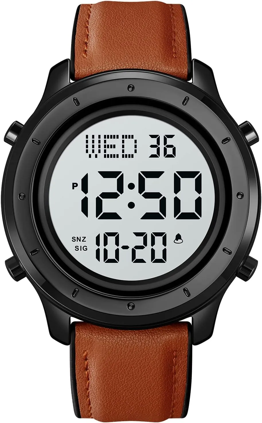 PASOY Mens Big Dial Digital Leather Watch Simple Large Display Countdown Alarm Stopwatch LED Backlight Business Multifunction Watches