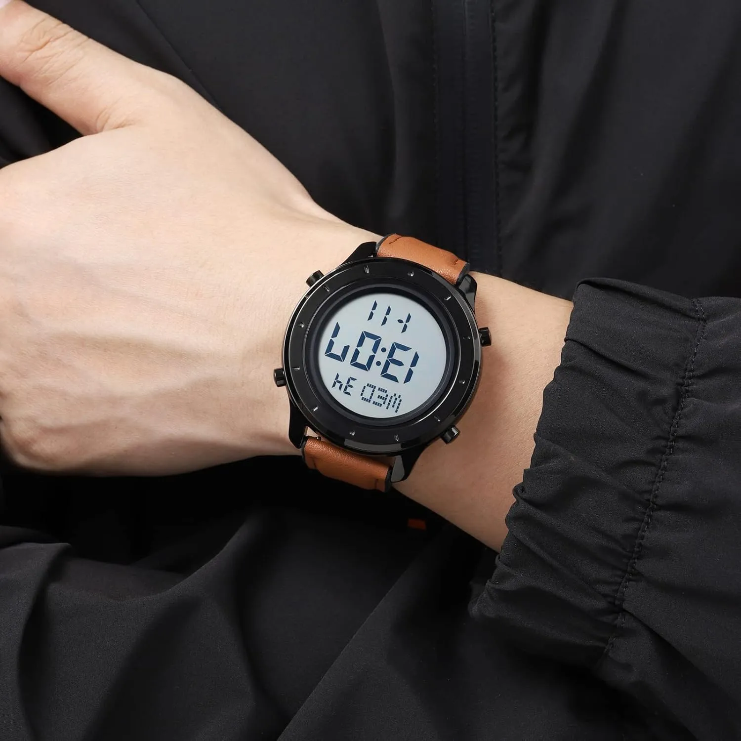 PASOY Mens Big Dial Digital Leather Watch Simple Large Display Countdown Alarm Stopwatch LED Backlight Business Multifunction Watches