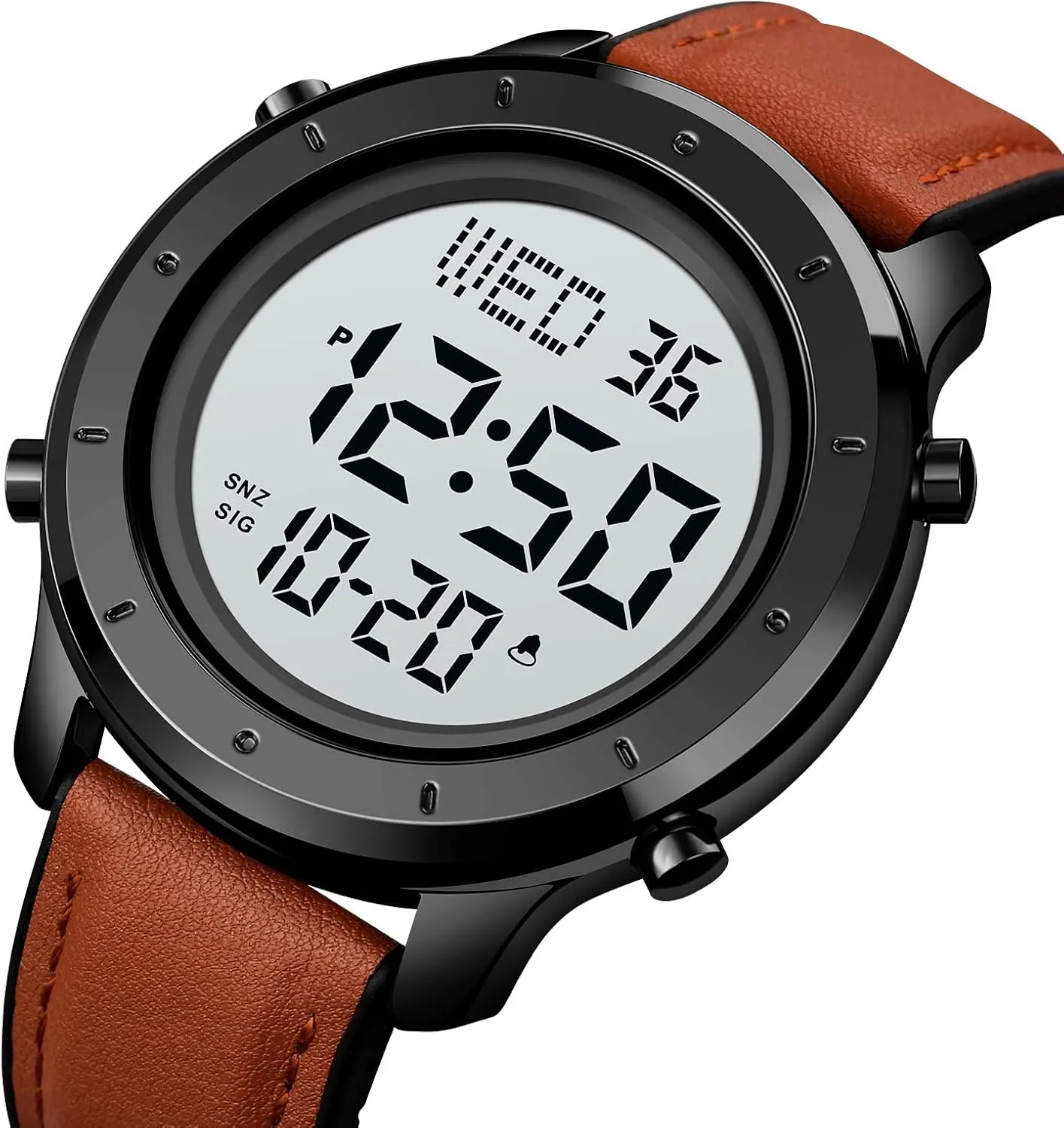 PASOY Mens Big Dial Digital Leather Watch Simple Large Display Countdown Alarm Stopwatch LED Backlight Business Multifunction Watches