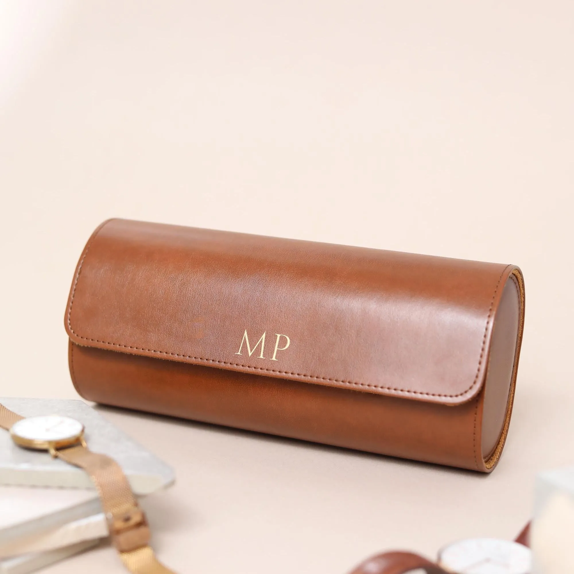 Personalised Faux Leather Watch Case, Fathers Day Gift, Travel Watch Box, Luxury Watch Case Roll for 3 Watches, Gift For Him, Groom Gift