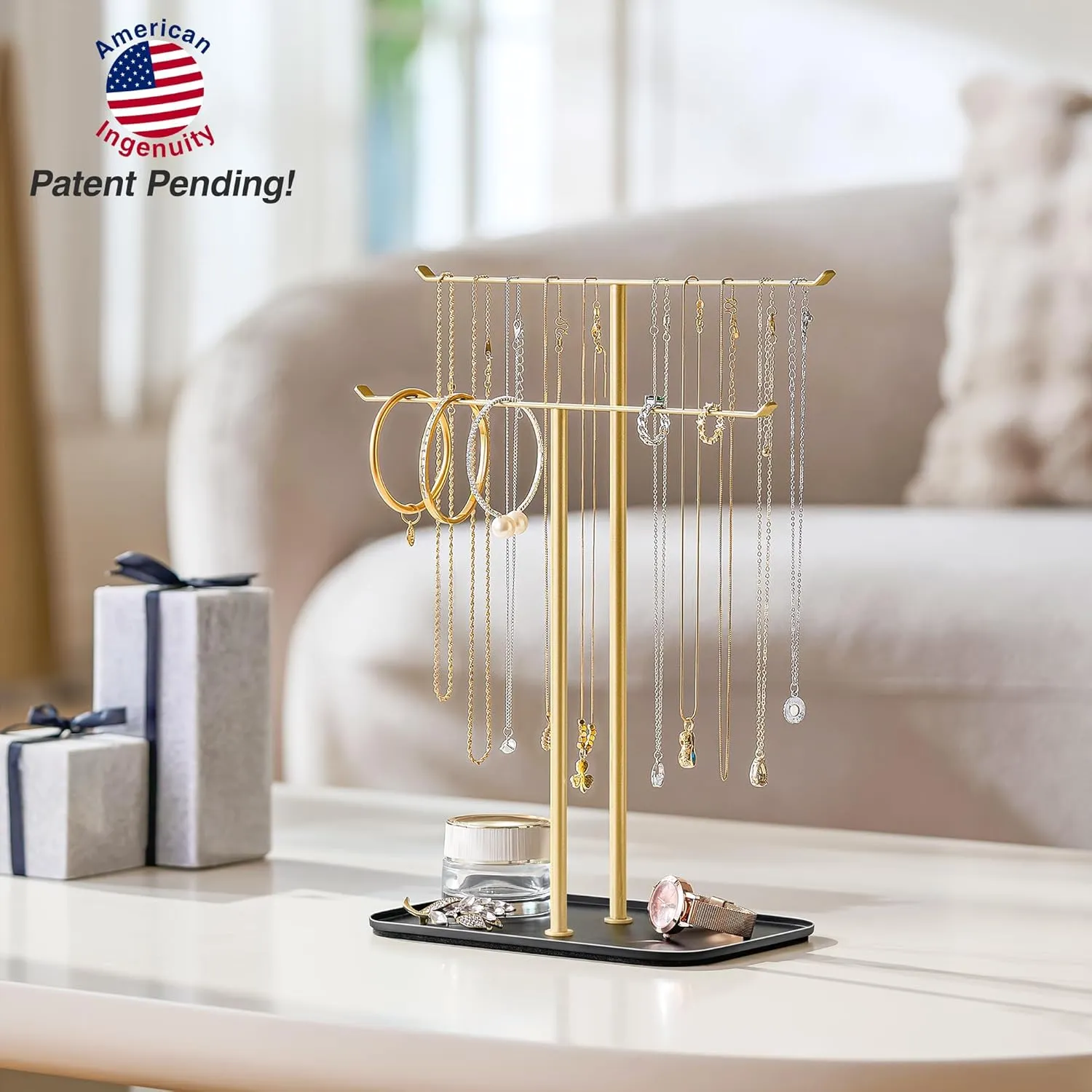 pickpiff Necklace Holder Jewelry Organizer Stand  2Tier TBar Jewelry Display Tree with Tray for Countertop Necklace Bracelet Earring Storage, Vanity Dresser Bathroom Sink, Black-Gold
