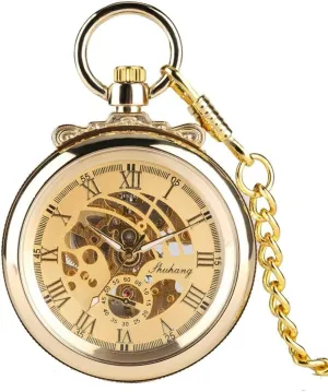Pocket Watch Men's Golden Pocket Watch, Concise Mechanical Movement Necklace Pocket Watch for Man, Roman Numerals Pocket Watches Gift for Boy