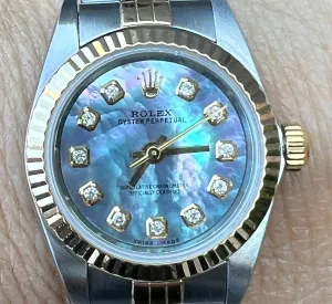 Rolex Watch 26mm Oyster Perpetual 76193 Ladies Watch.  Refinished Tahitian/Black Mother of Pearl Diamond Dial Mint