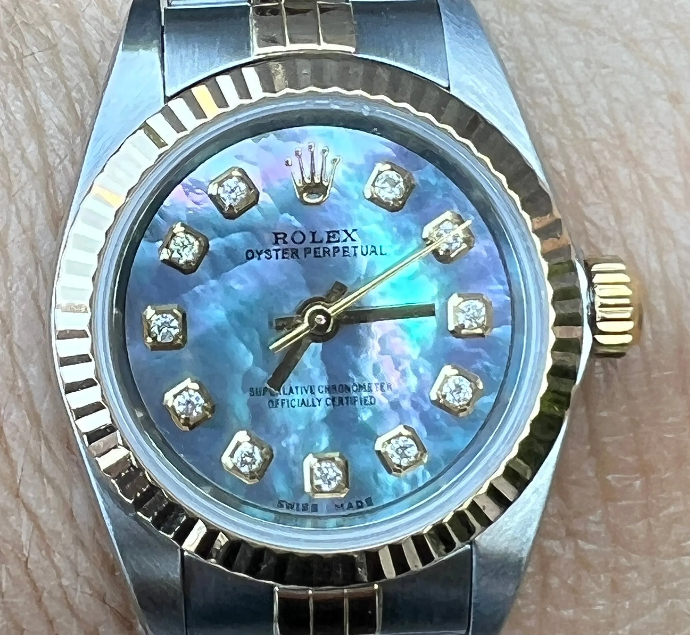 Rolex Watch 26mm Oyster Perpetual 76193 Ladies Watch.  Refinished Tahitian/Black Mother of Pearl Diamond Dial Mint