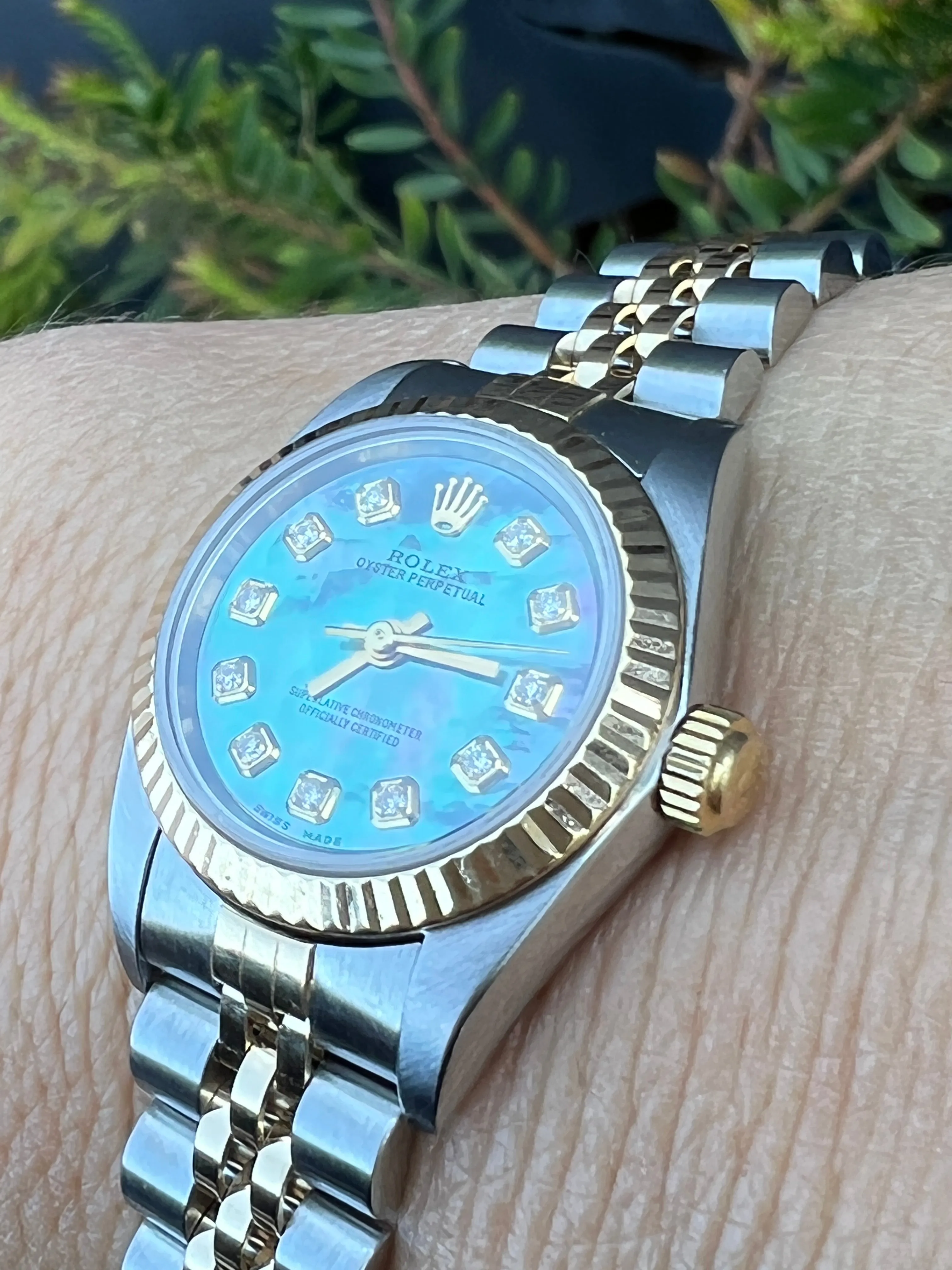 Rolex Watch 26mm Oyster Perpetual 76193 Ladies Watch.  Refinished Tahitian/Black Mother of Pearl Diamond Dial Mint