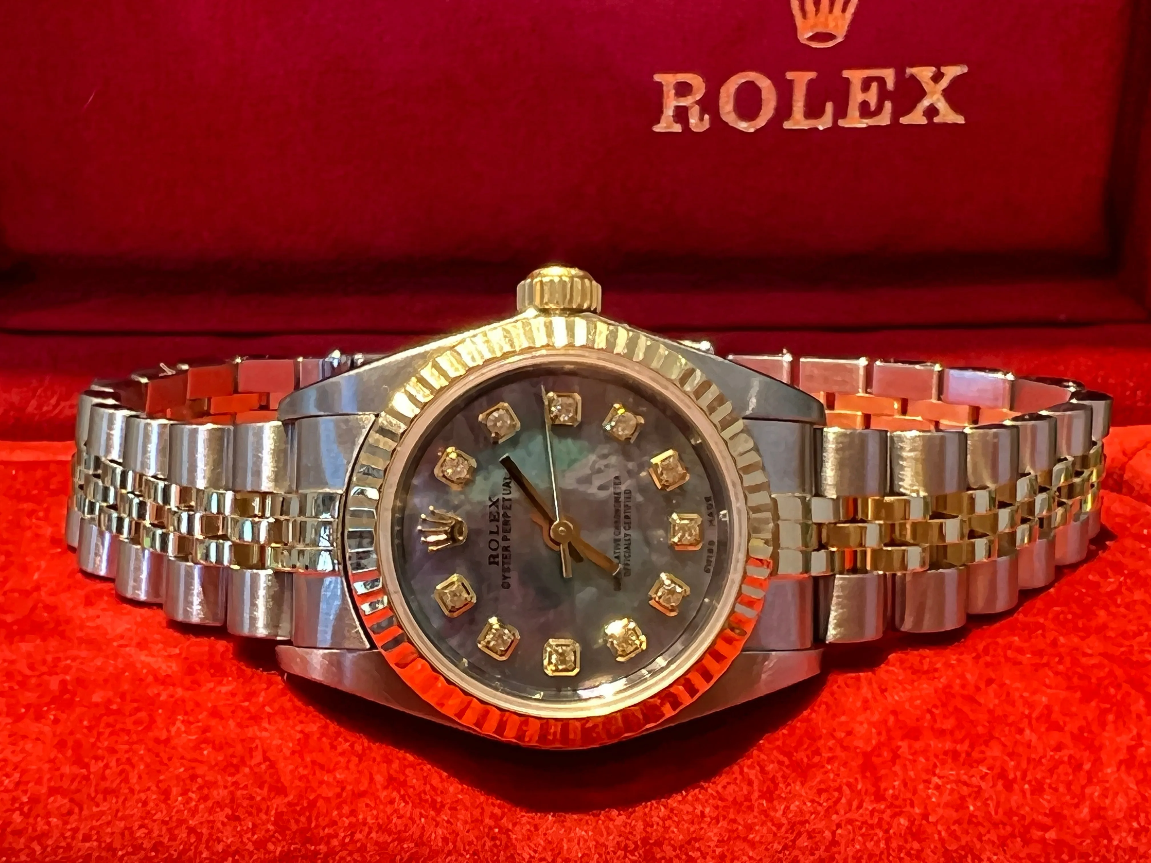 Rolex Watch 26mm Oyster Perpetual 76193 Ladies Watch.  Refinished Tahitian/Black Mother of Pearl Diamond Dial Mint