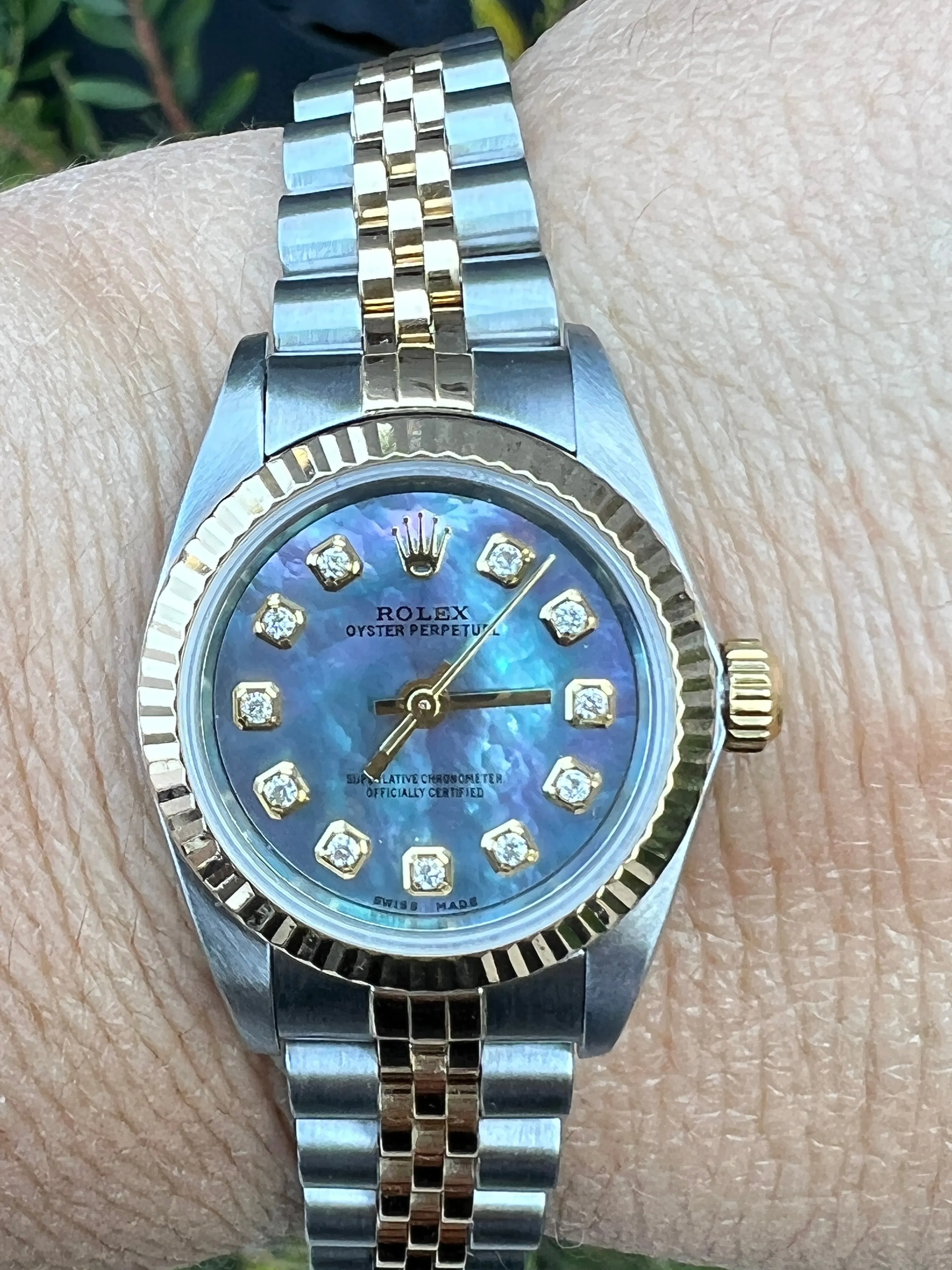 Rolex Watch 26mm Oyster Perpetual 76193 Ladies Watch.  Refinished Tahitian/Black Mother of Pearl Diamond Dial Mint