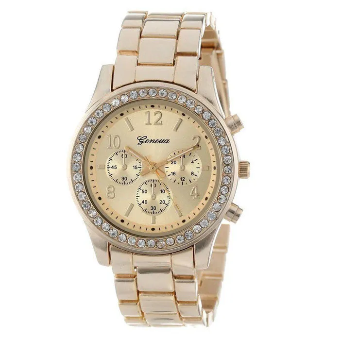 Sanwony Faux Chronograph Quartz Plated Classic Round Ladies Women Crystals Watch