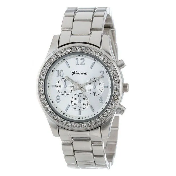 Sanwony Faux Chronograph Quartz Plated Classic Round Ladies Women Crystals Watch
