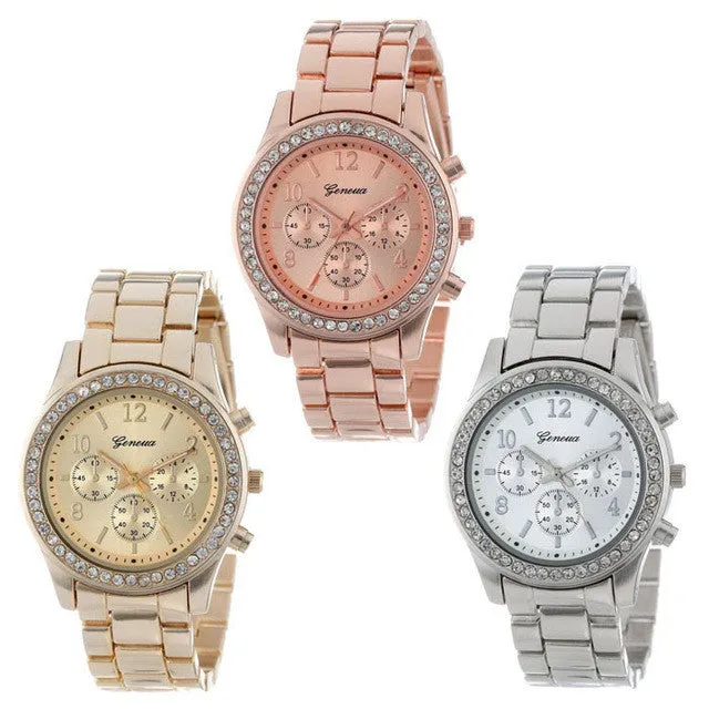 Sanwony Faux Chronograph Quartz Plated Classic Round Ladies Women Crystals Watch