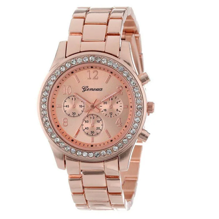 Sanwony Faux Chronograph Quartz Plated Classic Round Ladies Women Crystals Watch