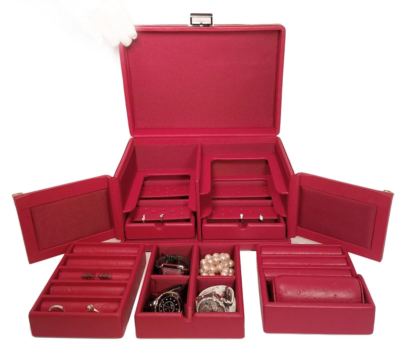 Scatola del Tempo Tesoro C Ostrich ROT HdG Pelle Rossa Struzzo Minuteria Jewelry Storage Case