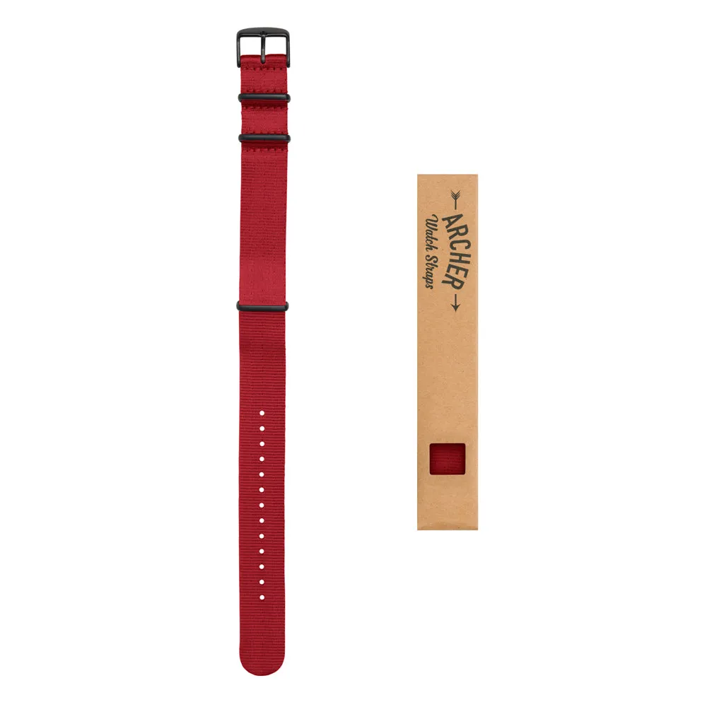 Seat Belt Nylon Military Style Watch Band - Red, Black Hardware