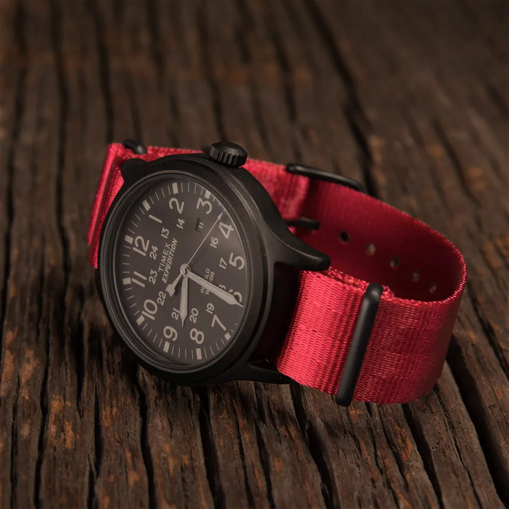 Seat Belt Nylon Military Style Watch Band - Red, Black Hardware