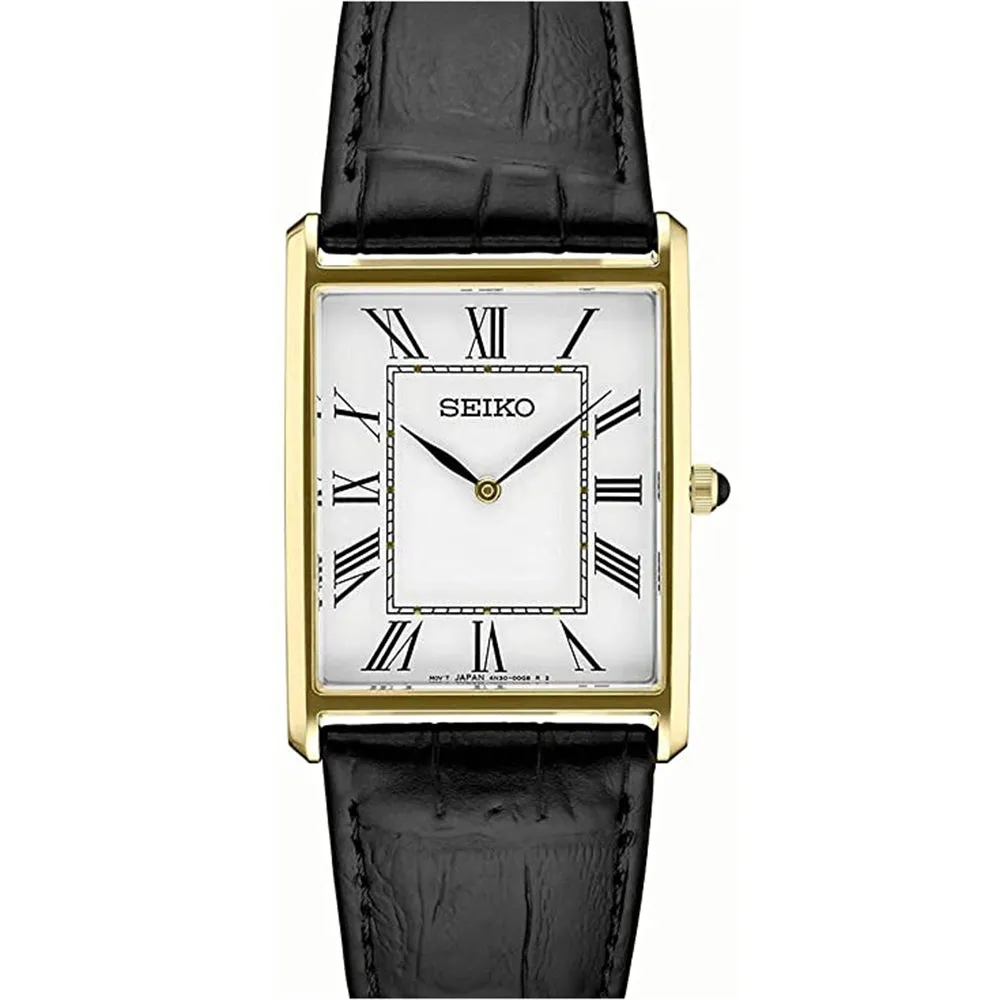 Seiko Mens  White Dial Black Band Leather Quartz Watch - SWR052
