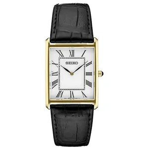 Seiko Mens  White Dial Black Band Leather Quartz Watch - SWR052