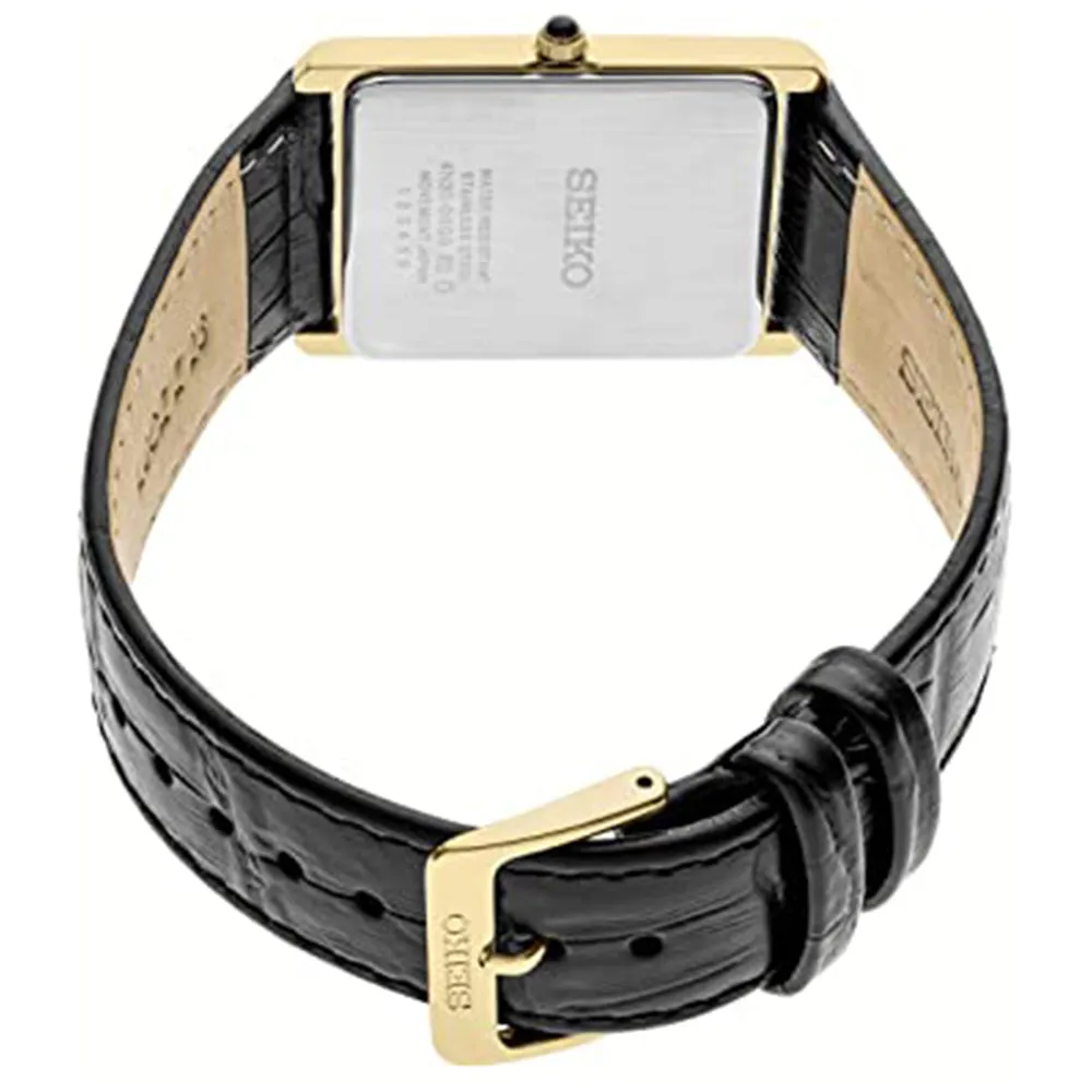 Seiko Mens  White Dial Black Band Leather Quartz Watch - SWR052