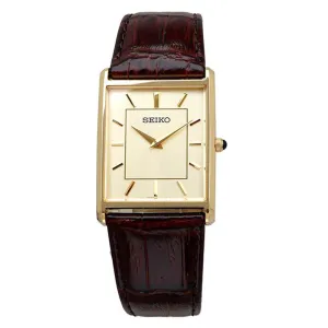 Seiko Mens Yellow Tone Square Dial Gold Markers Hardlex Crystal Brown Leather Band Quartz Watch - SWR064