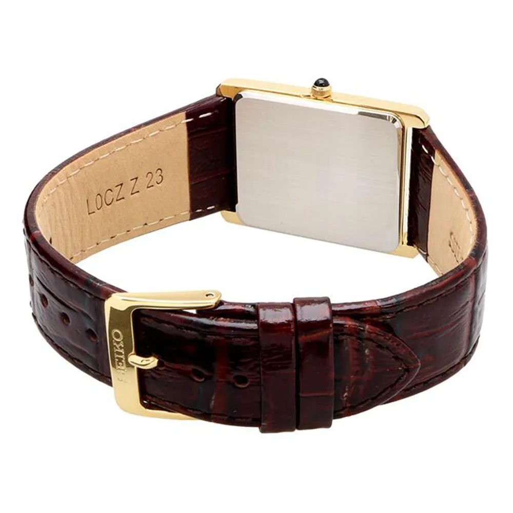 Seiko Mens Yellow Tone Square Dial Gold Markers Hardlex Crystal Brown Leather Band Quartz Watch - SWR064