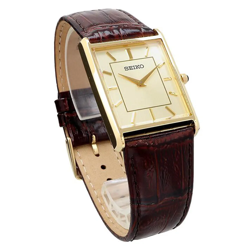 Seiko Mens Yellow Tone Square Dial Gold Markers Hardlex Crystal Brown Leather Band Quartz Watch - SWR064