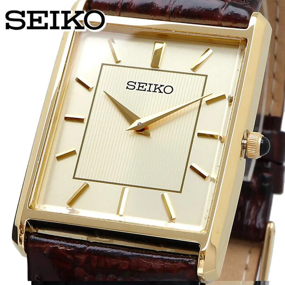Seiko Mens Yellow Tone Square Dial Gold Markers Hardlex Crystal Brown Leather Band Quartz Watch - SWR064