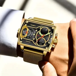 Square Stylish Waterproof Mens Watch with Dual Display Chronograph