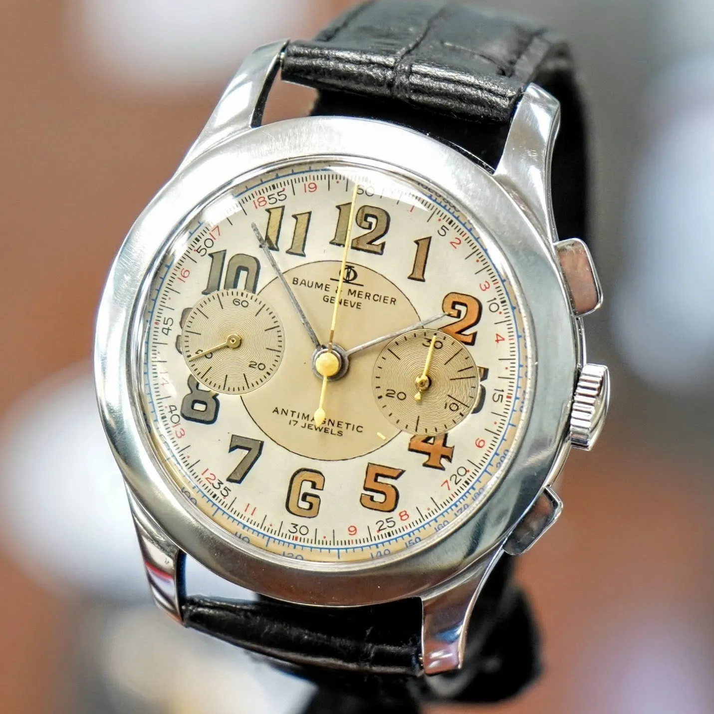 Vintage BAUME & MERCIER Geneve Chronograph Watch Antimagnetic 17 Jewels 39mm Swiss Made