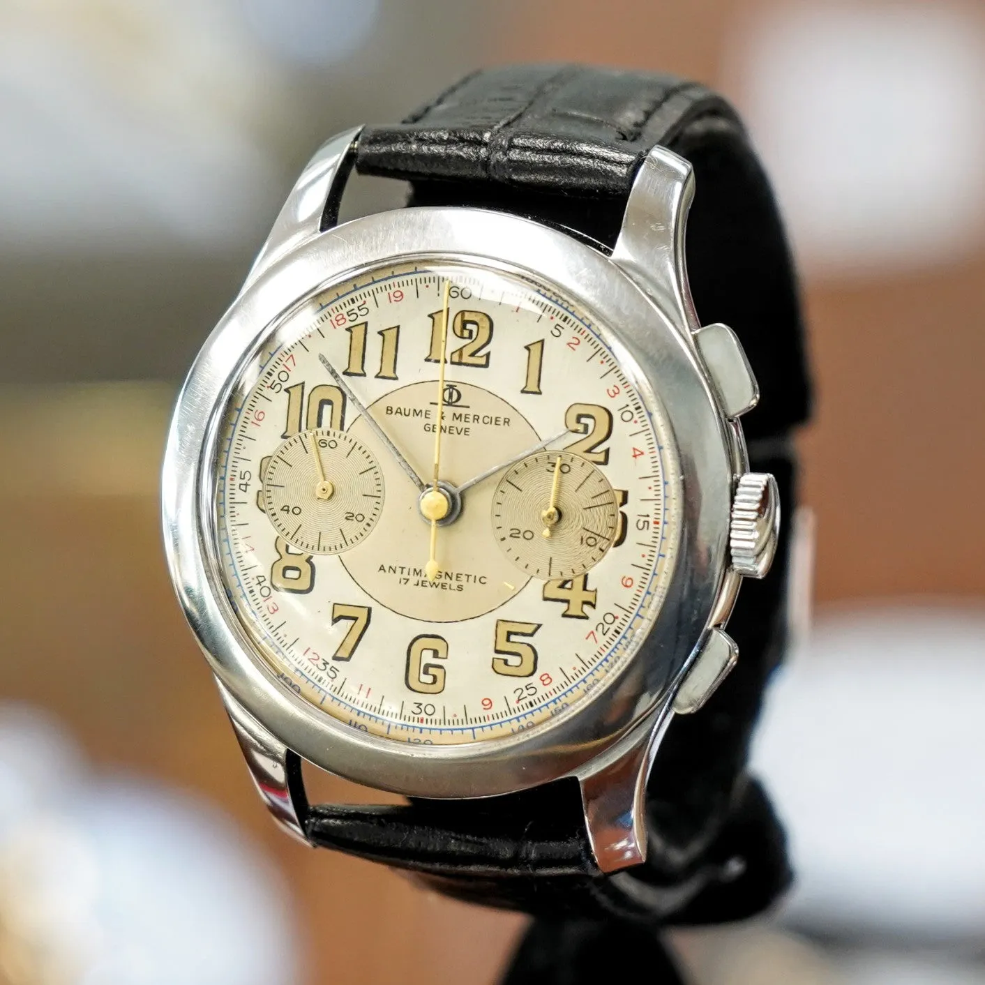 Vintage BAUME & MERCIER Geneve Chronograph Watch Antimagnetic 17 Jewels 39mm Swiss Made