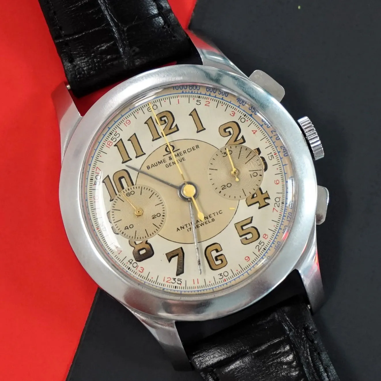 Vintage BAUME & MERCIER Geneve Chronograph Watch Antimagnetic 17 Jewels 39mm Swiss Made