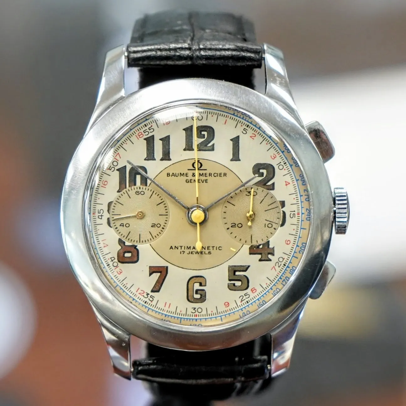 Vintage BAUME & MERCIER Geneve Chronograph Watch Antimagnetic 17 Jewels 39mm Swiss Made