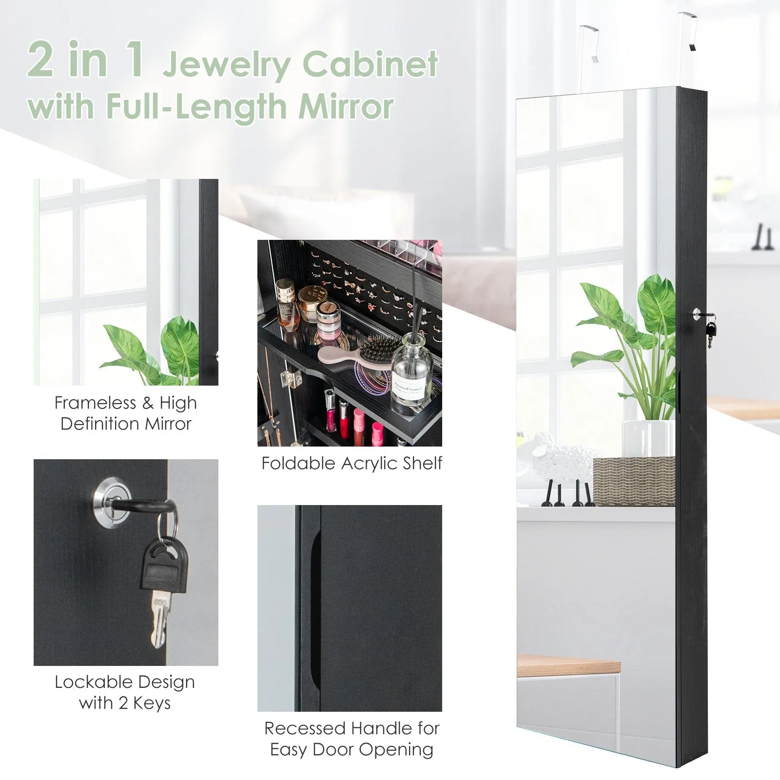Wall Mounted Door Hanging Jewelry Armoire with Full-Length Mirror and 3-Color Lights-Black