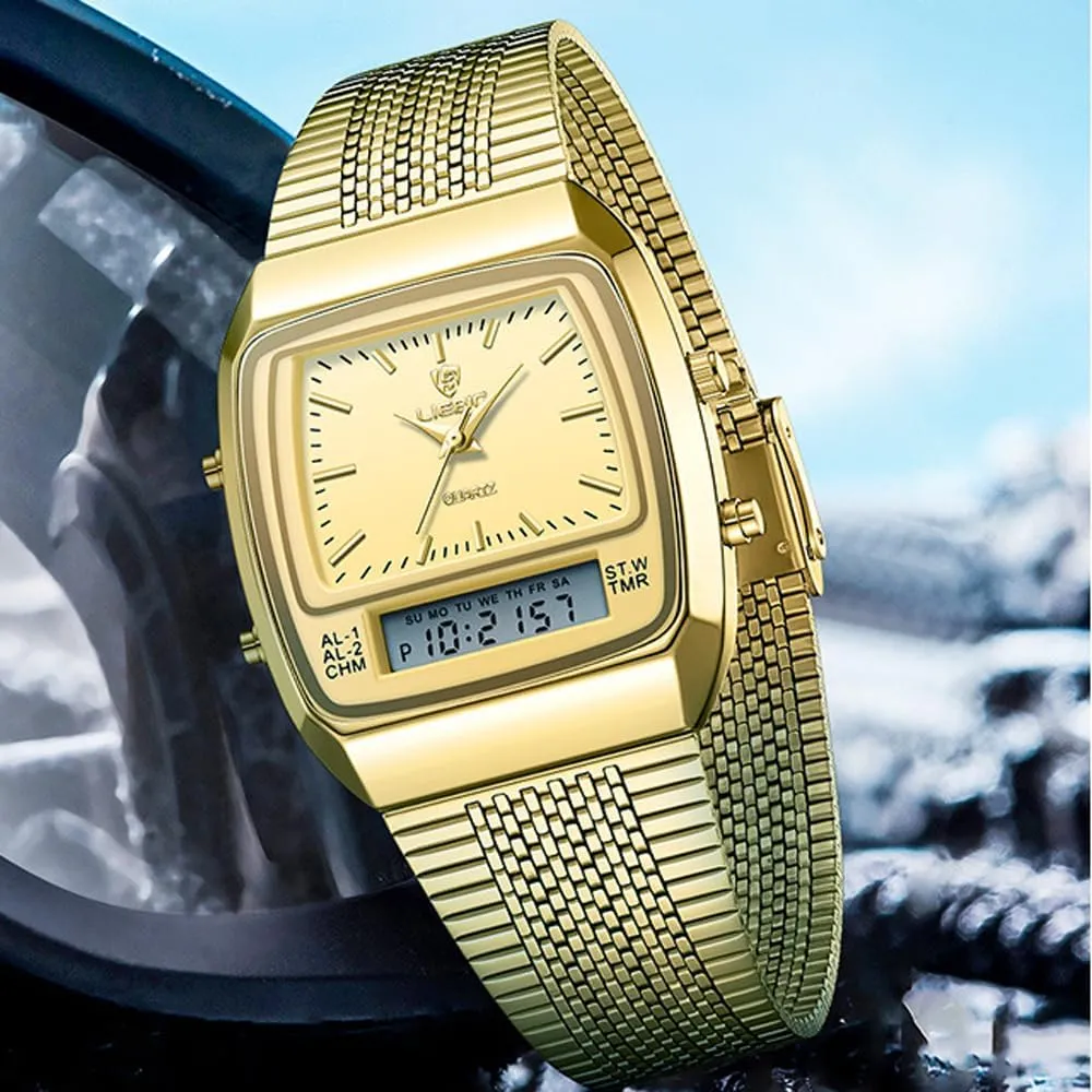 Weicam Unisex Men Women Simple Dual Display Dual Movement Analog Quartz Wristwatch Digital Couple Watches