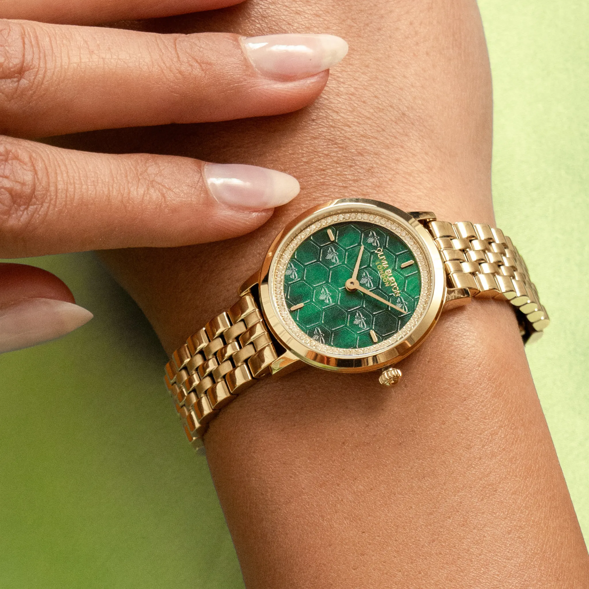 Womens Olivia Burton Gold/Green Ultra Slim Honeycomb Watch