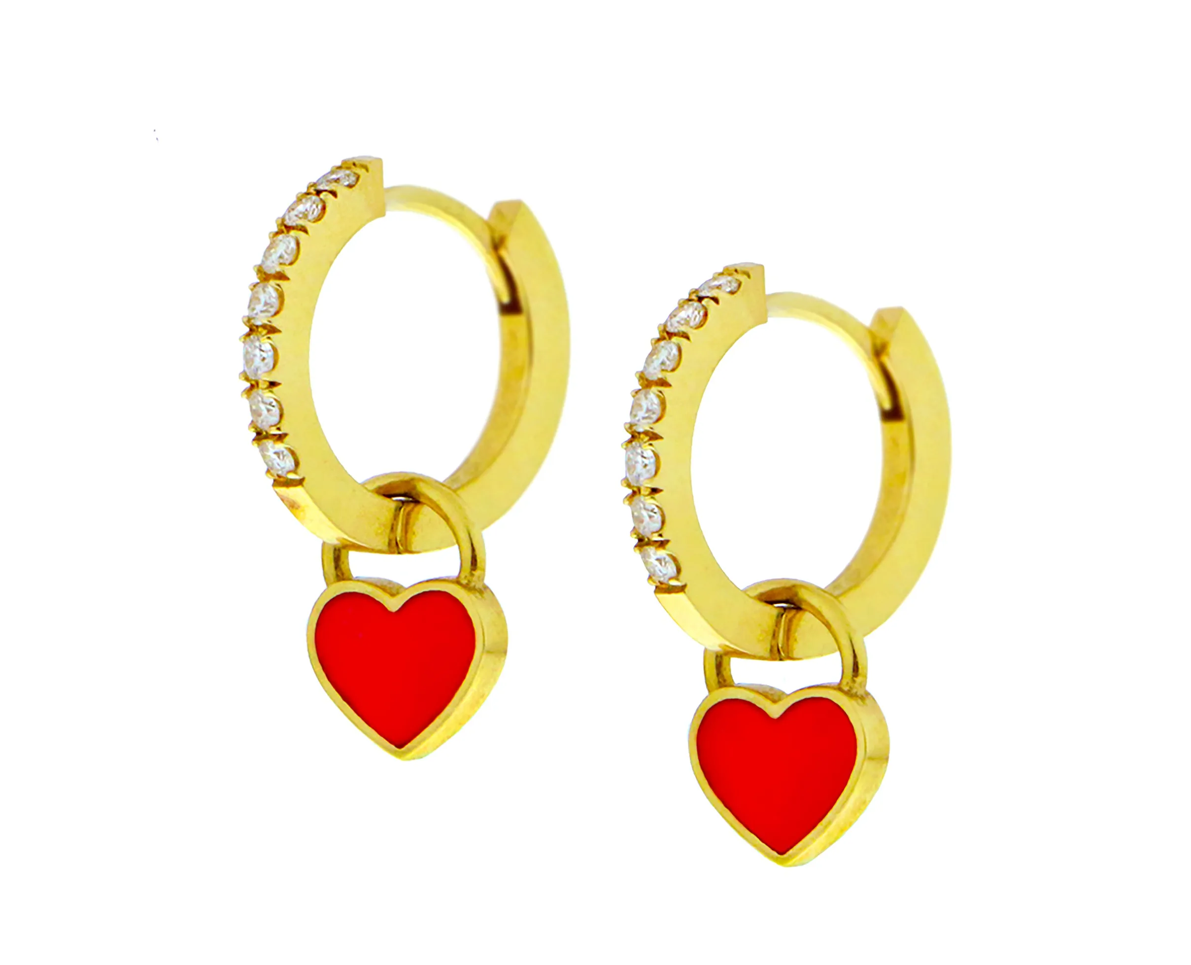 Yellow gold and diamond small hoop earrings with black enamel heart pendants
